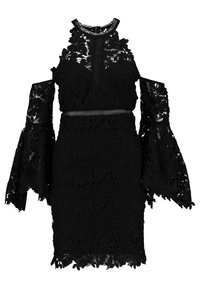 Robe en dentelle noire avec motif floral, col montant et longues manches en forme de cloche. Présente une silhouette cintrée et une fermeture éclair à l'avant.