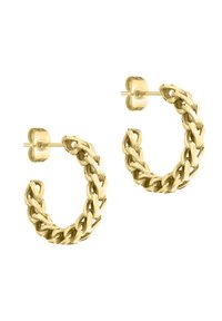 Orecchini a cerchio in oro con un design a catena intrecciata e finitura lucida, chiusura posteriore sicura e forma arrotondata.