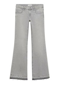 Grå utsvängda jeans i denimtyg med fransad fåll, som har fem fickor och knappstängning i midjan.