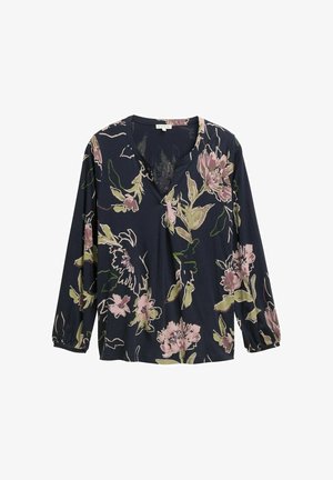 Blusa floreale navy con scollatura a V, maniche lunghe e vestibilità relax. Presenta motivi di fiori rosa e verdi su un tessuto morbido.