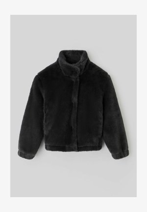 Veste en fausse fourrure noire avec un col haut, design court et manches longues. Présente une fermeture frontale discrète et une texture douce et pelucheuse.