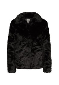 Veste en fausse fourrure noire avec un col classique, fermeture à boutons et une surface douce et texturée. Idéale pour la chaleur et le confort.