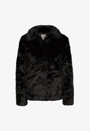 Chaqueta de piel sintética negra con cuello clásico, cierre de botones y una superficie suave y texturizada. Ideal para la calidez y el confort.