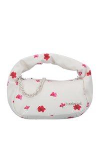 Witte handtas met bloemenprint in rood en roze. Zacht materiaal, ronde vorm, kettinghandvat en ritsluiting. Merkennaam is in de zijkant geperst.