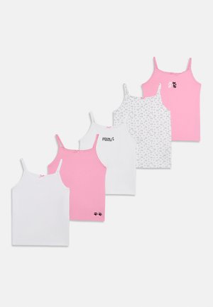 Cinco camisetas de tirantes para niñas en blanco y rosa alternados, con estampados de temática gatuna que incluyen huellas de patitas, texto "miau" e ilustraciones pequeñas de gatos.