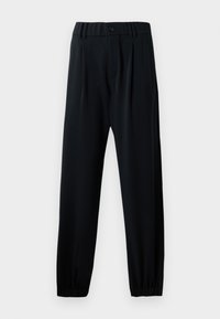 Svarte bukser med elastisk midje og knappeåpning, rett ben-design, og gathered cuffs. Laget av et glatt, lett stoff.