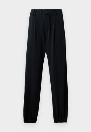Black, elastic-waist trousers with a button closure, straight leg design, and gathered cuffs. Made from a smooth, lightweight fabric.