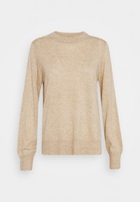 Pull en tricot beige avec un col rond, manches longues et poignets côtelés. Texture douce et coupe décontractée, avec un motif lisse et régulier.