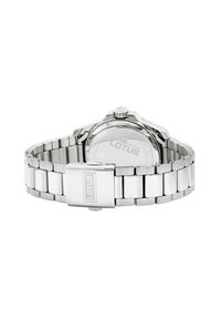 Silvrig rostfritt stål armbandsur med länkband, rund klocka och polerad yta. Har en krona och varumärket "LOTUS" på baksidan.