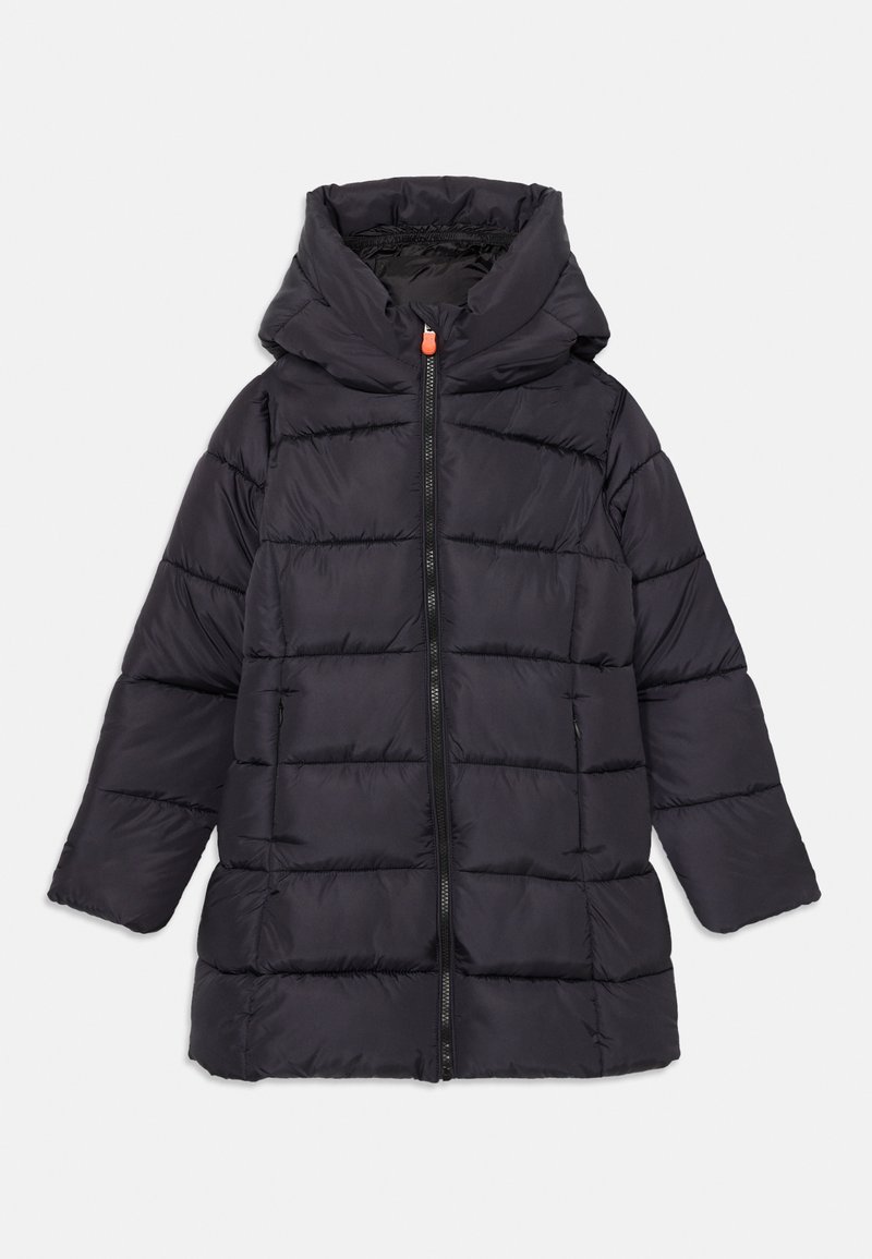 Must must jacket kapuutsiga, millel on tikandiga disain, esifasendi lukk ja oranž luku tõmme. Pehme, isolatsiooniga materjal.