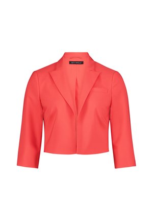 Blazer corail cropped en tissu lisse et structuré. Il dispose d'un col cranté, de manches longues et d'une poche poitrine unique.