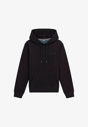 Felpa nera con cappuccio in misto cotone, con tasca frontale, coulisse e logo in rilievo sul petto. Tessuto morbido, vestibilità comoda.