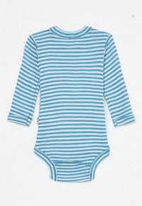 Blå og hvit stripete langermet bodysuit med rund hals, laget av bomull, og en liten flerfarget etikett på siden.