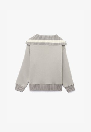 Grauer Pullover mit gerippten Akzenten in hellerem Grau am Kragen und an den Bündchen. Glatte Textur, lässige Passform und leicht überschnittene Schultern.