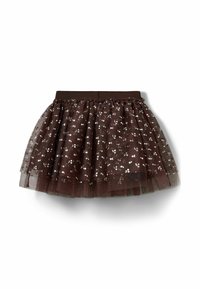 Fustă din tull maro cu modele florale din paiete argintii, design în straturi și talie elastică. Textură moale, formă evazată.