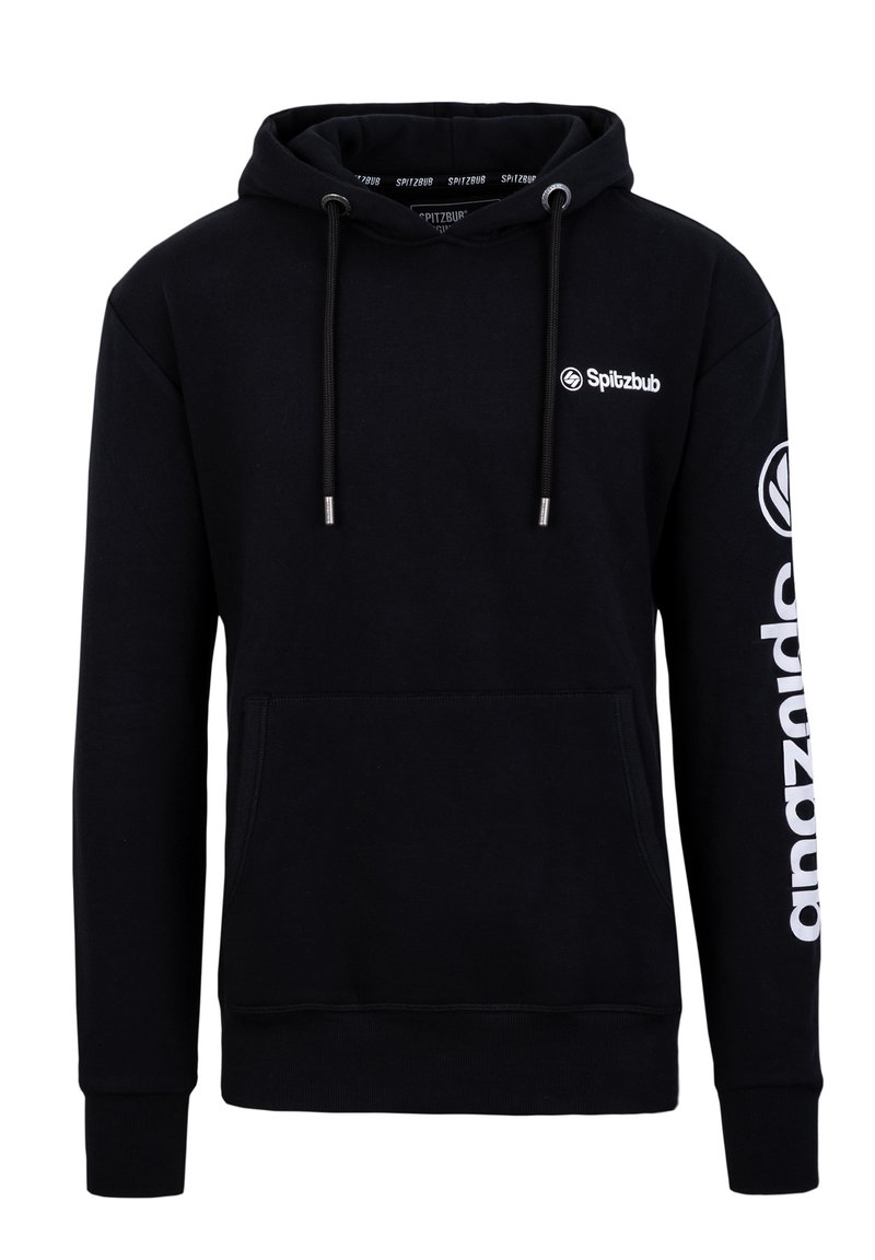 Schwarzer Hoodie aus weichem Material, mit einer Kängurutasche, Kordelzügen und Logo-Details auf der Brust und dem Ärmel.