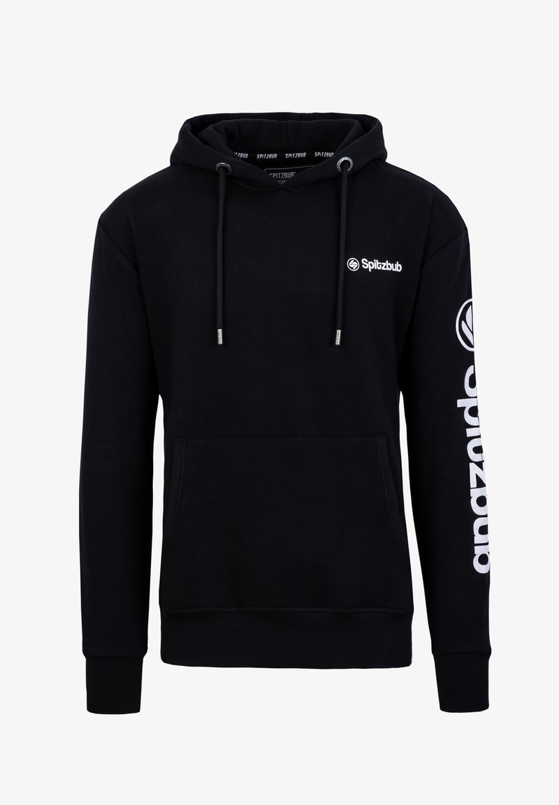 Zwarte hoodie van zachte stof, met een kangoeroezak, trekkoorden en logo-accenten op de borst en mouw.