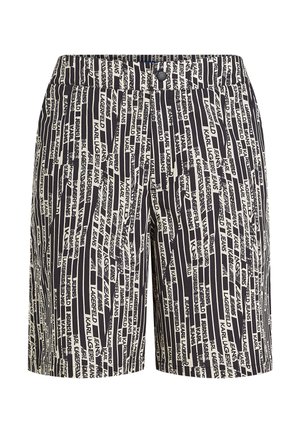 Pantalones cortos en blanco y negro con un patrón de texto repetido. Hechos de tela con textura suave. Cintura estándar con cierre de botón.