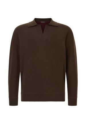 Suéter marrón hecho de una tela suave, con un escote en V y un cuello clásico. Mangas largas con puños acanalados y dobladillo.