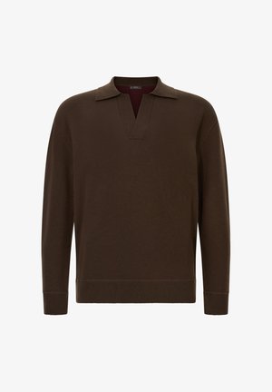 Suéter marrón hecho de una tela suave, con un escote en V y un cuello clásico. Mangas largas con puños acanalados y dobladillo.