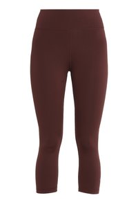 Brązowe wysokie leginsy 3/4 z gładkiego materiału i płaskimi szwami, zaprojektowane do noszenia w stylu sportowym lub codziennym.