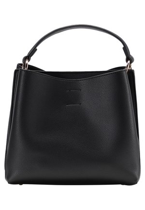 Zwarte leren handtas met een zachte, gestructureerde vorm, korte handgreep en een detail met een naad aan de voorkant. Gestructureerd oppervlak met accenten van gouden hardware.