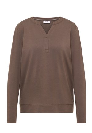 Haut marron à manches longues avec un col en V et une patte de boutonnage sans boutons. Confectionné dans un tissu doux, avec une coupe décontractée et sans motifs ni accents visibles.
