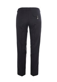 Pantaloni grigi scuri a righe sottili con vestibilità slim, dotati di una tasca posteriore e di un design frontale piatto. Realizzati in un tessuto liscio.