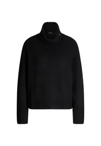 Maglione nero a collo alto con polsini e orlo a costine, caratterizzato da una vestibilità ampia e una texture a maglia liscia. Dettaglio decorativo sottile vicino al colletto.