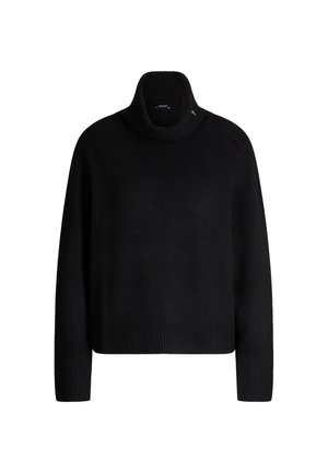 Zwarte coltrui met ribbels bij de manchetten en onderkant, met een losvallende pasvorm en een gladde breistructuur. Subtiele accentdetail bij de kraag.