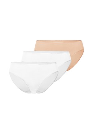 Tre mutandine da donna stile bikini, due bianche e una beige, disposte in fila sfalsata su uno sfondo bianco.