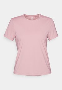Pink short-sleeve t-shirt made of smooth fabric, featuring a round neckline and a relaxed fit, with no visible patterns or accents.