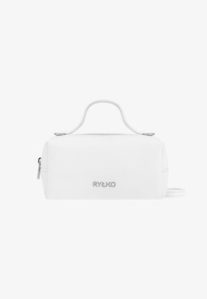 Kompakte weiße rechteckige Handtasche mit kurzem Griff, seitlichem Reißverschluss und "RYŁKO" Logo vorne in der Mitte.