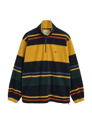 Fleece-Pullover mit halbem Reißverschluss, mit auffälligen horizontalen Streifen in Gelb, Marineblau, Grün, Grau und Rot, mit elastischen Bündchen und einem kleinen Logo auf der Brust.