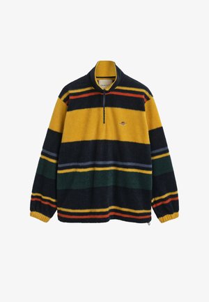 Fleece pullover with half-zip, featuring bold horizontal stripes in yellow, navy, green, gray, and red, with elastic cuffs and a small logo on chest.