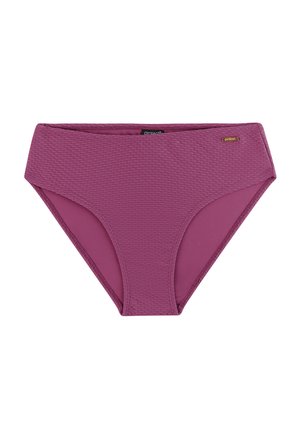 Hoog uitgesneden bikinionderdelen in gestructureerd mauve met een klein gouden merkembleem aan de rechterkant.