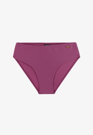 Hoog uitgesneden bikinionderdelen in gestructureerd mauve met een klein gouden merkembleem aan de rechterkant.