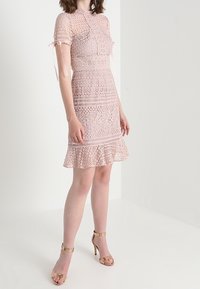 Světle růžové krajkové šaty s krátkými rukávy, složitými vzory a volánkovým lemem. Obsahují šňůrky na ramenou a obepnutý střih.