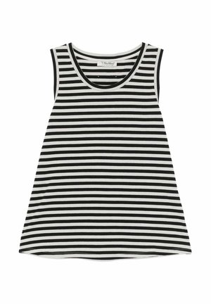 Top sans manches rayé horizontal noir et blanc, col rond, coupe légèrement évasée et étiquette Max Mara au col.