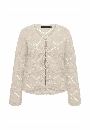 Cardigan en maille beige clair avec des motifs géométriques texturés, trois liens à nouer à l'avant, manches longues et col en V.