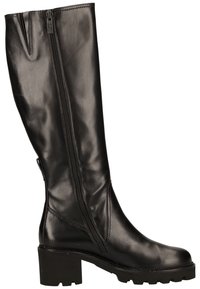 Bota de cuero negra hasta la rodilla con cremallera lateral y tacón bajo, con un detalle dividido en la parte superior y suela rugosa.
