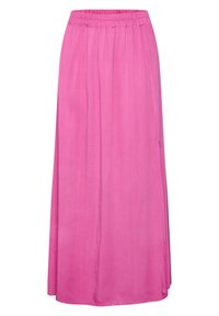 Jupe longue rose en tissu lisse, avec une taille élastique et un design fluide ornée de plis pour plus de texture et de mouvement.