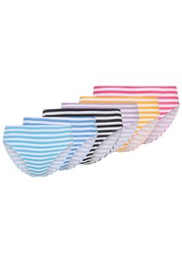 Set aus fünf gestreiften Damenunterhosen in Blau, Schwarz, Lila, Gelb und Pink. Weicher Stoff mit elastischen Bändern und hohem Taillen-Design.