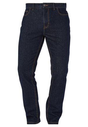 Temno modri kavbojasti jeans s ravnim krojem, ki vključujejo kontrastno oranžno šivanje, klasičen načrt s petimi žepi in gumbasto zapiranje.