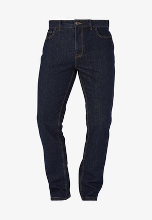 Donkerblauwe spijkerbroek met een rechte pasvorm, voorzien van contrasterende oranje stiksel, een klassieke vijfzakkenontwerp en een knoopsluiting.