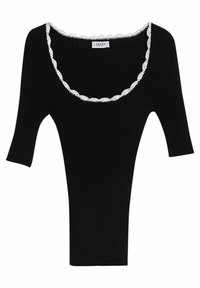 Haut noir à côtes avec un large décolleté et des manches courtes, présentant une bordure en dentelle blanche le long du décolleté. Texture douce et design ajusté.