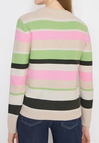 Femme portant un pull à manches longues à larges rayures beige, rose, vert, noir et blanc, associé à un jean bleu foncé, vue de dos.