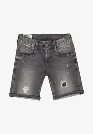 Grå denimshorts med slidte pletter, forlommer og møntlomme, bæltestropper, knaplukning og opviklede kanter.
