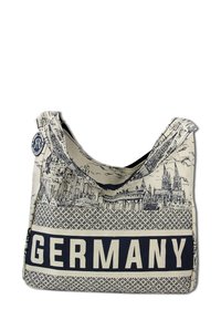 Sac en toile avec impression en noir et blanc de paysage urbain, arborant "ALLEMAGNE" en lettres grasses. Texture douce, large bandoulière et forme décontractée.