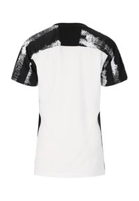 Kortærmet atletisk skjorte med hvid krop, sorte mønstrede skuldre og kontrasterende sorte sideaksenter; glat tekstur.